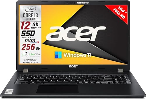 Acer Notebook travelmate Intel i3 10th, Ram da 12GB, SSD M.2 Pci 256 Gb, DISPLAY 15.6 Full HD, 3 USB, wi-fi, hdmi, bt, Win 11 Pro, Libre Office, tastiera retroilluminata, pronto all'Uso, Gar. Ita