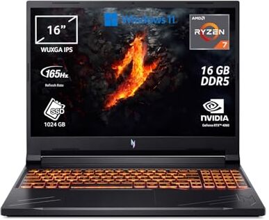 Acer Nitro V 16 ANV16-41-R0E8 Notebook Gaming, Processore AMD Ryzen 7 8845HS, Ram 16 GB DDR5, 1024 GB SSD, Display 16" WUXGA IPS 165 Hz, NVIDIA GeForce RTX 4060 8 GB, Windows 11 Home