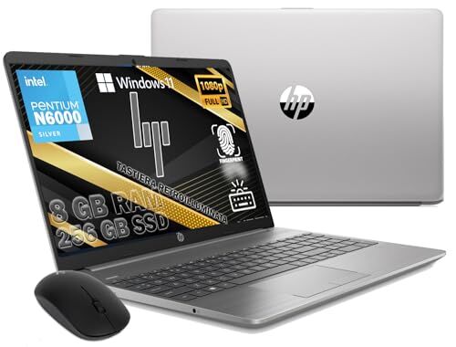 HP Notebook Portatile Full HD Intel Cereno Pentium N6000 15,6" Hd,Ram 8Gb Ddr4,Ssd 256 Gb M2,Hdmi,Usb 3.0,Wifi,Lan RJ-45, Bluetooth, Webcam, Windows 11 Pro Mouse Omaggio