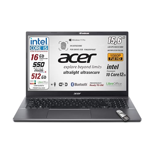 Acer , Pc portatile notebook, Core i5 12Th 10 Core, fino a 4,4 Ghz, Ram 16 Gb, SSD PCI 512 Gb, Display 15,6" FHD, Hdmi, lan, wifi-6, bluetooth, webcam, Win 11 Pro, Preconfigurato, garanzia Italia