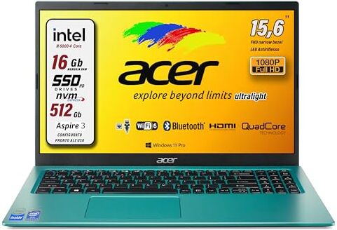 Acer Notebook Intel 4 Core N6000, RAM 16 Gb Ddr4, SSD pci da 512 Gb, Display FULLHD da 15,6", web cam, 3 usb, hdmi, bt, lan,wi-fi, Win11 Pro, pronto all'uso e preconfigurato Gar. Italia