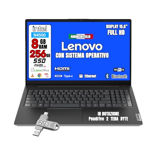Lenovo Notebook Portatile  con Pendrive da 2 terabyte • CPU Intel N4500 @ 2,8ghz • Monitor 15.6" Full HD • SSD 256 GB • Ram 8GB • Ingresso LAN, HDMI, USB • Sistema operativo WIN 11 PRO e Libre Office