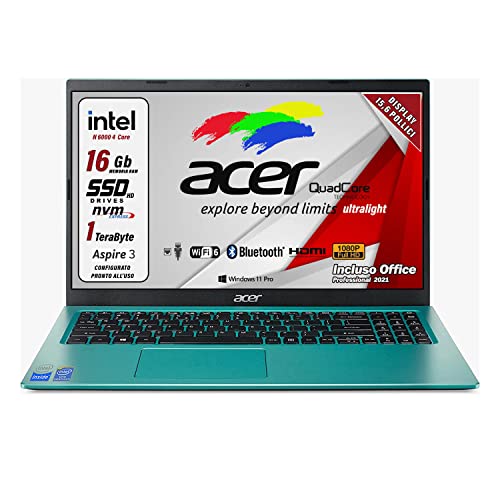 Acer Notebook ultraleggero Intel N 6000 4 Core, SSD M2 PCi 1 Tb, Ram 16 Gb DDR4, Display FHD da 15,6", Web cam, Usb, hdmi, bt, lan, wi-fi, Win 11 Pro, suite Office, Pronto all'uso Gar. Italiana