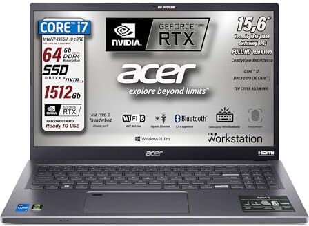 Acer , pc portatile Intel Core i7-1355U, 10 Core 5 Ghz, RAM 64 Gb, SSD da 1,5 Tb, 15.6" FHD IPS, GeForce RTX 2050, Tastiera Retroilluminata, Finger, Wi-Fi 6, LAN, Win 11 Pro preconfigurato