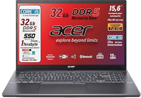 Acer , Pc portatile notebook, Core i5 13Th 10 Core, fino a 4,6 Ghz, Ram 32 Gb DDR5, SSD PCI 1 Tb, Display 15,6" FHD, Win 11 Pro, Tastiera retroilluminata, Preconfigurato, garanzia Italia