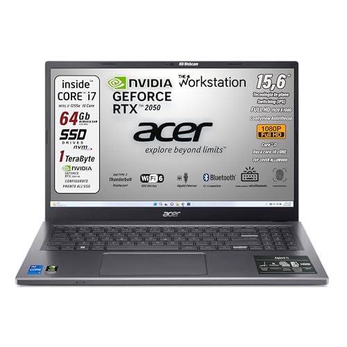 Acer Notebook Workstation Intel Core i7-1255U, 10 Core 4,7 Ghz, RAM 64 GB, SSD 1Tb, 15.6" FullHD IPS, GeForce RTX 2050, Tastiera Retroilluminata, Finger, Wi-Fi 6, LAN, Win 11 Pro Pronto all'Uso