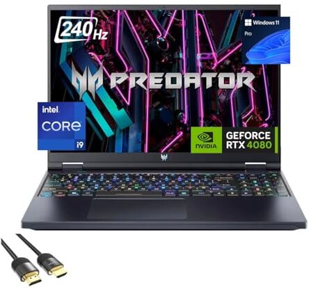 Acer Predator Helios Gaming Laptop, 16" 240Hz WQXGA Display, 13th Gen Intel Core i9-13900HX, GeForce RTX 4080, 64GB DDR5, 1TB PCIe 4.0, TB 4, RGB Backlit KB, WiFi 6E, RJ45, PDG HDMI Cable, Win 11 Pro