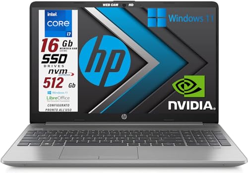 HP 250 G9 notebook portatile, Intel i7 12Gen 10 Core da 4.7 Ghz, Ram 16GB, SSD DA 512GB, Display 15.6" FullHD, NVIDIA MX550 2GB, tastiera retroilluminata, fingerprint, Win 11 Pro, Pronto all'uso, Ita