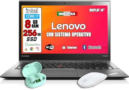 Lenovo Portatile X1 Carbon SUPER SLIM • Processore Intel Core i7 • Display 14" • Ram 8Gb • SSD 256Gb • Sistema operativo WIN 11 PRO e Libre Office • HDMI WIFII • MOUSE + CUFFIETTE (PC RICONDIZIONATO)