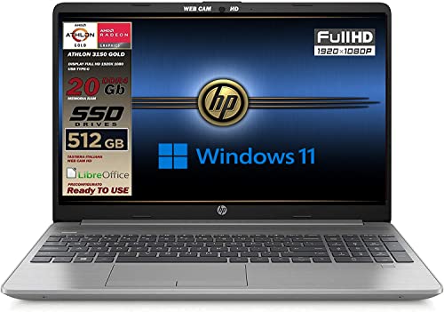 HP 255 G9 Silver Notebook Portatile, SSD M2 512GB, Display FullHD 15.6", Amd A9 Gold 3150U fino a 3,3 GHz, RAM 20GB DDR4, Libre Office, Wi-fi, 3 usb, webcam HD, Win11 Pro, Pronto All'uso, Gar. ITA