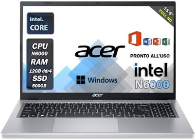 Acer aspire 3, Pc portatile, intel N6000 4 core, Fino A 3.30GHz, Ram 12Gb Ddr4, SSD 500 Gb, Display 15.6” FHD, Windows 11 PRO, Office, Hdmi, Wi fi, Bluetooth notebook