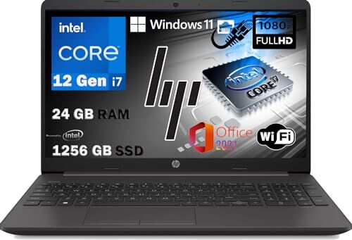 HP Notebook 250 G9 MODELLO 2023, Pc portatile Grey, Intel Core i7 1255U 12Th Gen 4,7Ghz, Ram 24Gb, SSD 1256Gb, Display 15.6" Full HD, Win 11 Pro, Office, computer pronto utilizzo