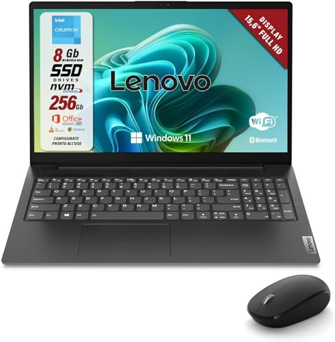 Lenovo Pc Portatile Notebook, Display Full HD da 15,6", Cpu Intel N4500, Ram 8Gb, Ssd 256Gb, Windows 11 Pro, Office 2021 Pro Plus + Mouse Wireless, Pronto All'Uso, 82QY