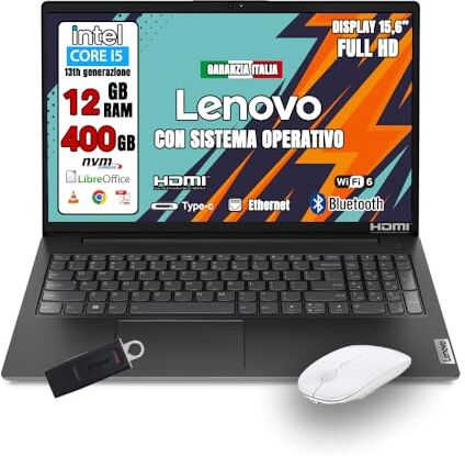 Lenovo Notebook NUOVO • CPU Intel i5 13th gen • Ram 12GB • Monitor 15.6" Full HD • SSD 400 GB • Ingresso LAN, HDMI, USB • Sistema operativo WIN 11 PRO e Libre Office • MOUSE WIRELESS + PENNA USB 64gb