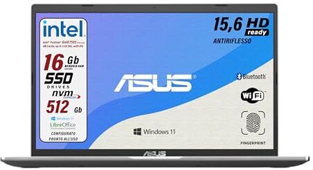 Asus Notebook, pc Portatile,16 Gb RAM, DISPLAY 15,6" Cpu Intel Gold 7505, SSD Pci Nvme da 512 Gb, FINGEPRINT e TASTIERA italiana, Win 11, Libre Office, Garanzia Italia