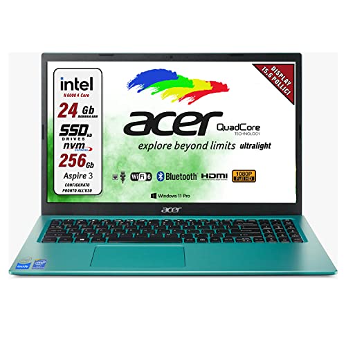 Acer Notebook Intel n6000 4 Core, Ram da 24 Gb Ddr4, SSD M.2 PCi 256 Gb, Display Full HD da 15,6", hdmi 2.0, Web cam, usb, bt, lan, wi-fi, Win11 Pro, Libre Office, Pronto all'uso Garanzia Italia