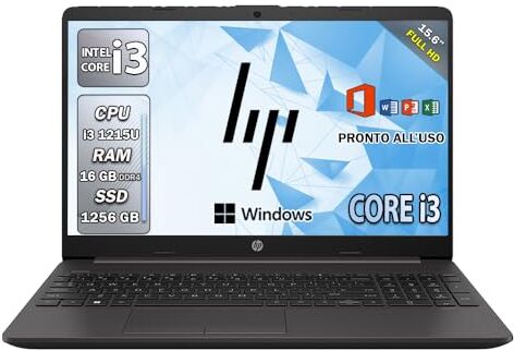 HP 250 G9, Pc portatile notebook, intel i3 12th, Display 15,6" Full HD, ram 16 Gb, SSHD 1256 Gb, Windows 11 Pro, Office pro, Laptop pronto all'uso