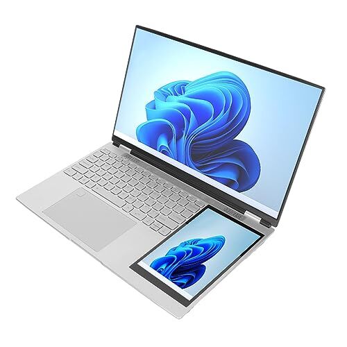 DAUZ Laptop Doppio Schermo, Laptop 1280x800 Touch Screen IPS da 7 Pollici 4.2 Argento Impronta Digitale Sblocco 2.4G 5G WiFi Dual Band per Corsi Online per 11 (16GB+256GB Spina
