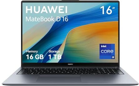 Huawei MateBook D 16,16GB+1TB,Win11,leggero di 1.68 kg, Processore Intel Core serie i9-13900H, Display FullView da 16 pollici, SuperCharge, Batteria ad Alta Capacità, SuperHub