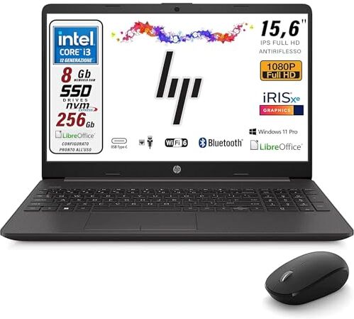 HP 250 G9, Pc portatile notebook, Display Full HD da 15,6", cpu Intel i3 di 12Th, ram da 8 Gb, SSD 256 Gb, W11, Pacchetto Libre Office, computer portatile con mouse wireless