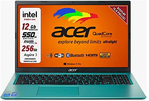 Acer Notebook ssd, portatile pc, intel n 6000, 4 core, ram 12 Gb, SSD da 256 gb, display 15.6" full hd, 3 usb, wi-fi, hdmi, bt, lan, win 11 pro, libre office, pronto all'uso, gar. e layout Italia