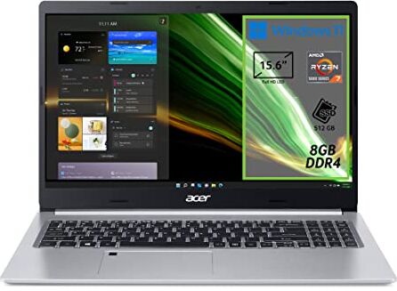 Acer Aspire 5 A515-45-R6B8 PC Portatile, Notebook, Processore AMD Ryzen 7 5700U, RAM 8 GB DDR4, 512 GB PCIe NVMe SSD, Display 15.6" FHD LED LCD, AMD Radeon, Windows 11 Home, Silver