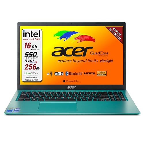 Acer Portatile Intel, 4 Core N 6000, RAM 16 Gb, SSD M2 Pci da 256 Gb, Display FULLHD da 15,6", web cam, 3 usb, hdmi, bluetooth, lan, wi-fi, Garanzia Italia