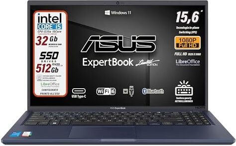 Asus Expertbook, PC Portatile, Intel Core i5 12th 10Core, RAM 32 GB, SSD PCIe 512 GB, 15,6" FullHD, Wi-Fi 6, 4 USB, BT, Intel Iris XE, Win 11, Tastiera Retroilluminata, preconfigurato