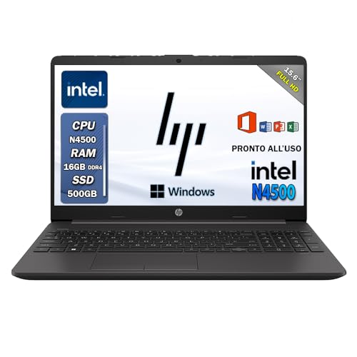 HP 250 g9, Computer portatile, notebook 16gb ram, intel N4500 fino a 2,8 GHz, Display 15.6", SSD 500 gb, Windows 11 pro, Open office, Pc portatile pronto all'uso