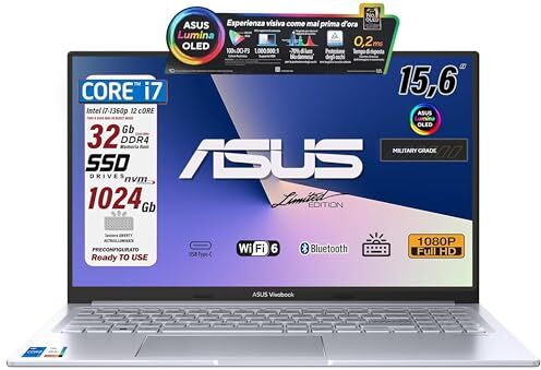 Asus Notebok Vivobook OLED, Intel Core I7-1360P, 12Core, 32Gb DDR4, SSD 1Tb PCI, Display 15.6" FHD OLED, WIFI6, Usb-C, HDMI, BT, Tastiera retroilluminata, WIN 11, Preconfigurato