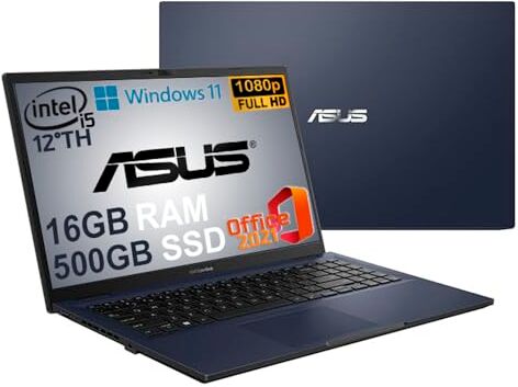 Asus Notebook , pc portatile, Cpu Intel i5 di 12Th 10 Core, Ram 16 Gb, SSD M.2 Nvme da 512 Gb, 15,6 FHD, wi-fi , 4 Usb, Bt, Intel Iris xE, Windows 11 Pro, Pacchetto Office 2021 , pronto All'uso