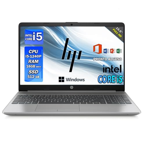 HP 250 G9, Notebook Pc portatile intel core i5, 1240P fino a 4,40Ghz, Ram 16Gb Ddr4, SSD 512 gb, Display 15.6" FULL HD, Windows 11 Pro, Office Pro, Pronto all'uso