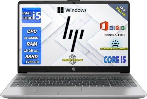 HP 250 G9, Notebook, Pc portatile i5 1235U, Silver, Ram 16 ddr4, SSHD 1256 GB NVMe, Display 15.6" FHD, BT, WIFI, Windows 11 pro, Office pro, laptop i5, Tastiera Retroilluminata, Fingerprint