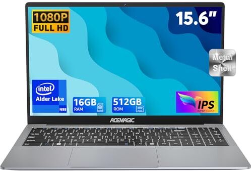 ACEMAGIC PC Portatile Intel N95【Battere N5095,fino a 3.4Ghz】,16GB DDR4 RAM 512GB SSD(espansione 2TB),15.6" Full HD Notebook,2.4G/5G WiFi,BT5.0,Type_C,USB3.2,HDMI,Webcam Computer Portatile Ufficio