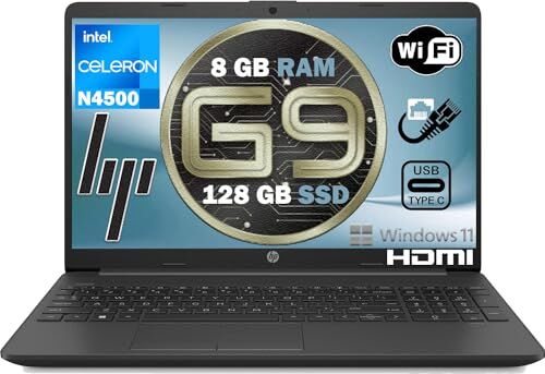 HP Notebook NUOVO MODELLO 2024 G9 pc portatile Intel n 4500 8 Gb Ram SSD Pci Nvme da 128 Gb display 15,6 antiriflesso 3 usb hdmi lan wi-fi win 11 Pro, N4500 OPEN Office