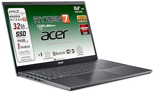 Acer Notebook portatile, Ryzen 7 5825u 8 CORE, RAM 32 Gb, SSD PCI da 1 Tb, Display 15,6" Full HD, tastiera retroilluminata, 4 usb, wi-fi 6, hdmi, lan, bt, Win 11 Pro, preconfigurato, garanzia Italia