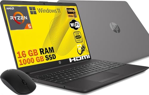 HP Notebook 2024 Ryzen 5 5500U 6 Core 4 Ghz SSD 1000 Gb IPS Full HD 15.6" DDR4 16 Gb, Wi-fi 3 usb webcam HD Windows 11 Pro, QWERTY Italia MOUSE OMAGGIO