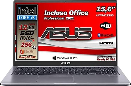 Asus Vivobook notebook, Cpu Intel i3 fino a 3,4 GHz, SSD da 256Gb, RAM 12 Gb DDR4, Display da 15,6 antiriflesso, wi-fi, Bt, Win 11 pro 64 bit, Pacchetto Office, Pronto All'uso, Garanzia Italia