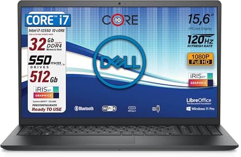 Dell , Pc Portatile Notebook, Intel i7 di 12 Gen. 10 core fino a 4,7 GHz, 15,6" FullHD, Ram 32Gb, SSD 512Gb, Win 11 Pro, Libre Office, Scheda grafica Intel® UHD, 3 x USB, LAN, Wi-Fi 6, Pronto all'Uso