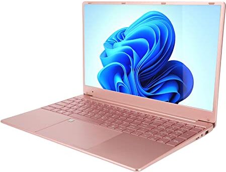 AMONIDA Computer Portatile, Processore Quad Core 16 GB RAM 128 G ROM 1920x1080 Laptop Oro Rosa 15,6 Pollici per Ufficio per Viaggi (16+128G Spina UE)