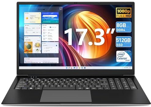 SGIN Laptop 17 pollici, 8 GB RAM 512 GB SSD Notebook, Celeron Dual Core, Up to 2,8 GHz, HD, 2.4/5.0G WiFi Bluetooth 4.2, memoria espandibile 512 GB TF