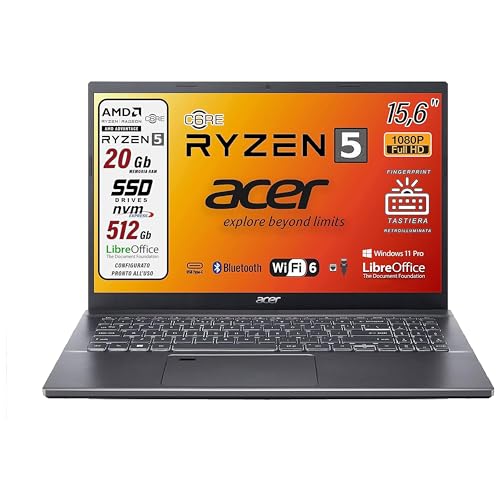 Acer portatile, AMD Ryzen 5 5625u, 6 Core Cpu, Ram 20 Gb DDR4, SSD 512 Gb Pci, Display 15.6 FHD, Tastiera QWERTY Retroilluminata, Fingerprint, WI-FI 6, Win 11 Pro, preconfigurato