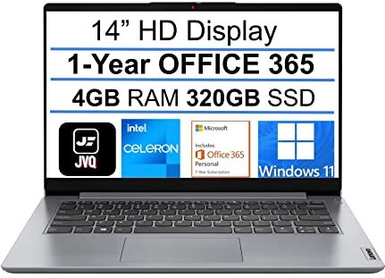 Lenovo Notebook IdeaPad, display HD da 14 pollici, Intel Celeron N4020, RAM DDR4 da 4 GB, SSD da 320 GB (eMMC da 64 GB + SSD PCIe da 256 GB), 1 anno Office 365, webcam, HDMI, WiFi 6, Bluetooth,