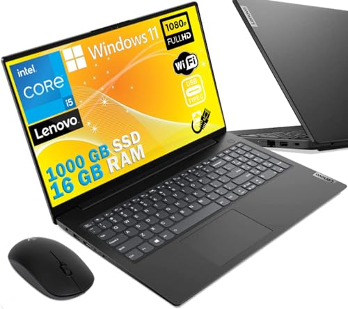 Lenovo Notebook, Pc portatile cpu Intel i5 12Th gen, Quad Core, 16 Gb RAM, Display Full HD da 15,6", SSD Nvme da 1000 Gb, Windows 11 Pro + mouse wireless