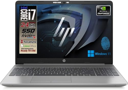 HP 250 G9 notebook portatile, Intel i7 12Gen 10 Core da 4.7 Ghz, Ram 24GB, SSD NVME 1TB, Display 15.6" FullHD, NVIDIA MX550 2GB, tastiera retroilluminata, fingerprint, Win 11 Pro, Pronto all'uso, Ita