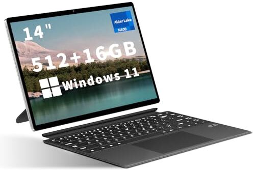 KUU 2 in 1 PC Portatile, Tablet N100 Windows 11 Pro da 16 GB LPDDR5+512 GB ROM SSD metallo Notebook, 14 pollici 1920 * 1200 FHD 16:10 Touch Screen WIFI6 BT 5.2/Type-C Funzione completa/Micro HDMI