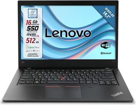 Lenovo ThinkPad, Pc portatile Intel Core i5-8250U Pronto All'Uso con Libre, Notebook Con Display HD da 14,1", Ram 16Gb, SSD 512Gb, W10, Tastiera Italiana QWERTY (Ricondizionato)