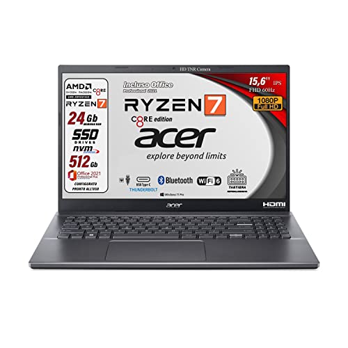 Acer Notebook portatile, Ryzen 7 5825 8 CORE, RAM 24Gb, SSD da 512 Gb, Display 15,6" Full HD, tastiera retroilluminata, 4 usb, wi-fi 6, hdmi, lan, Win 11 Pro, Preconfigurato, garanzia Italia