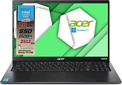 Acer Notebook Intel N5100 4 Core, Ram da 20 Gb Ddr4, SSDHD da 2512GB, Display Full HD IPS da 15,6", Web cam, usb, hdmi, bt, lan, wi-fi, Win11 Pro, Libre Office, Pronto all'uso Gar. Ita