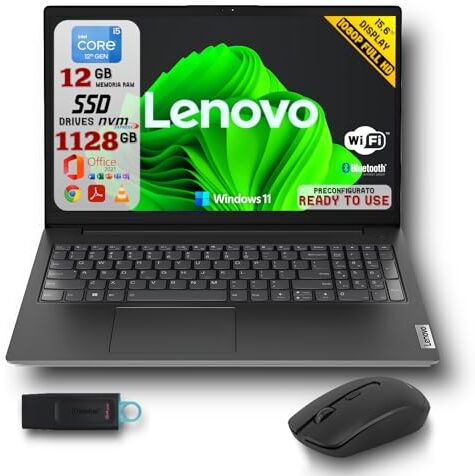 Lenovo , Pc Portatile Notebook, Intel i5-1235U, 12GB RAM, Full HD 15,6", SSD Nvme Da 128GB + SSD SATA Da 1TB, Windows 11 Pro, Office 2021 Pro Plus, Mouse Wireless + Pendrive 64GB, Pronto All'Uso